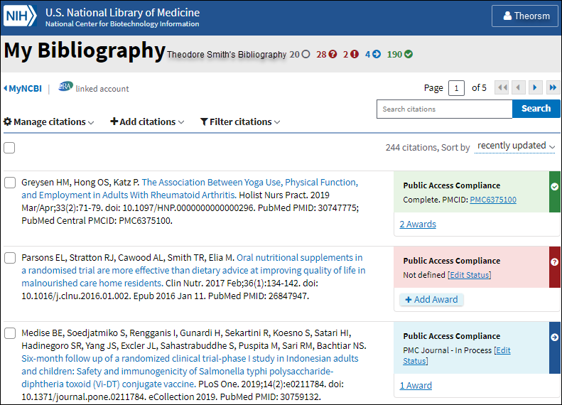 My Bibliography with NIH Public Access Policy Compliance shown