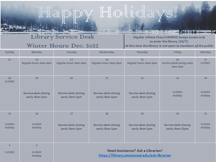 Calendar showing December schedule for the Library