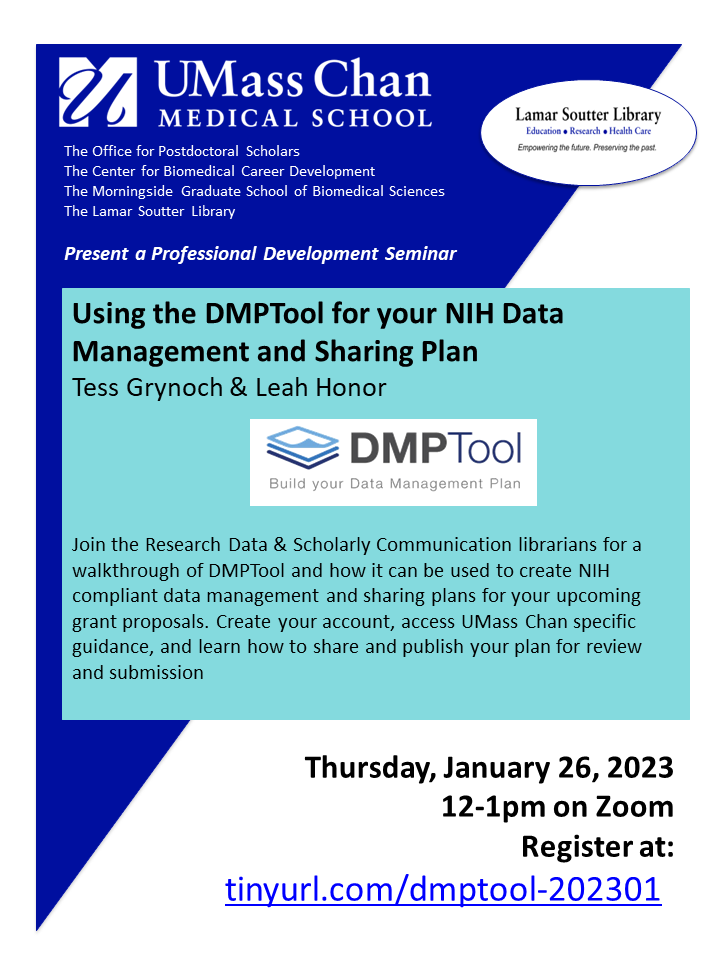 Poster with same information about the event with DMPTool and UMass Chan logos.
