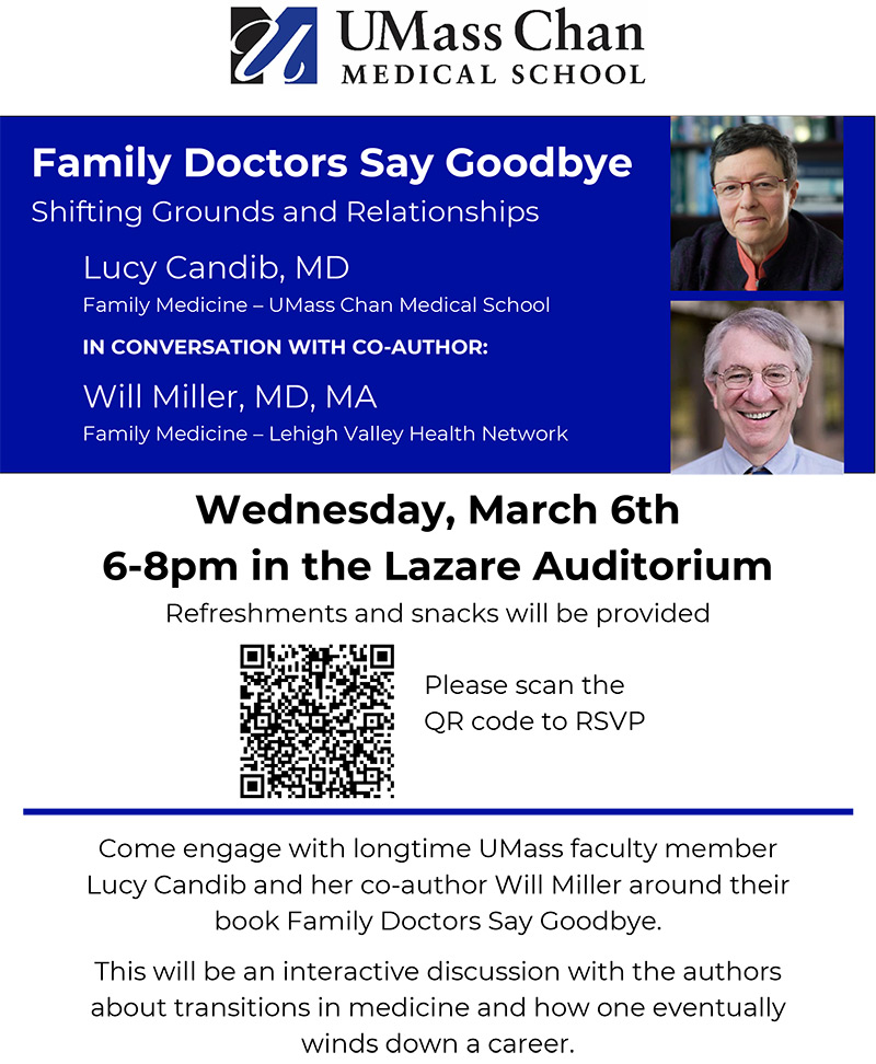 Flyer for book talk by Candib and Miller