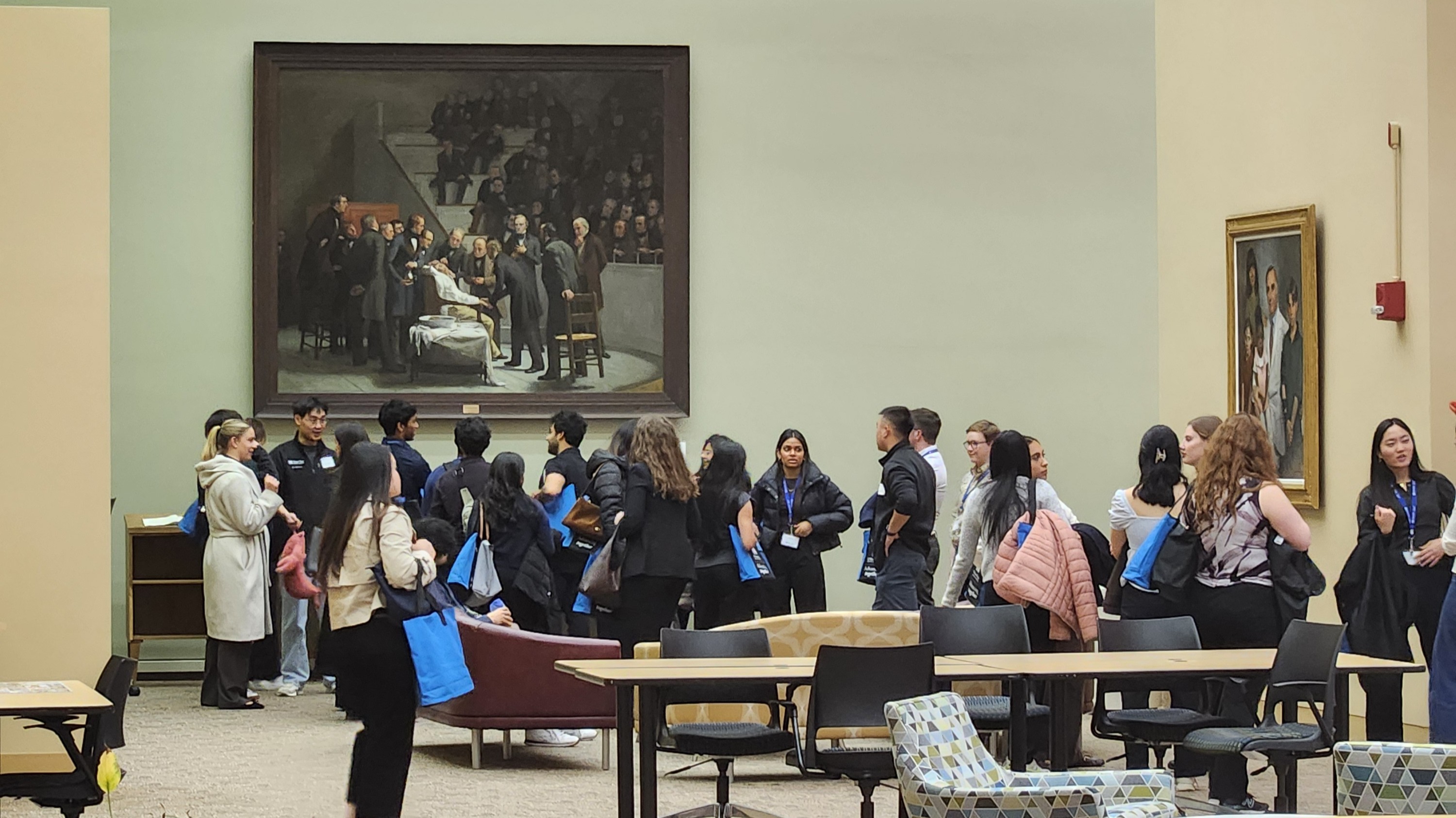 Large group of students viewing the Boston Medical Library's Ether Painting