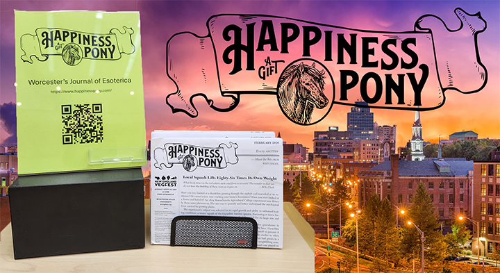 Happiness Pony at Lamar Soutter Library with Worcester Skyline Background