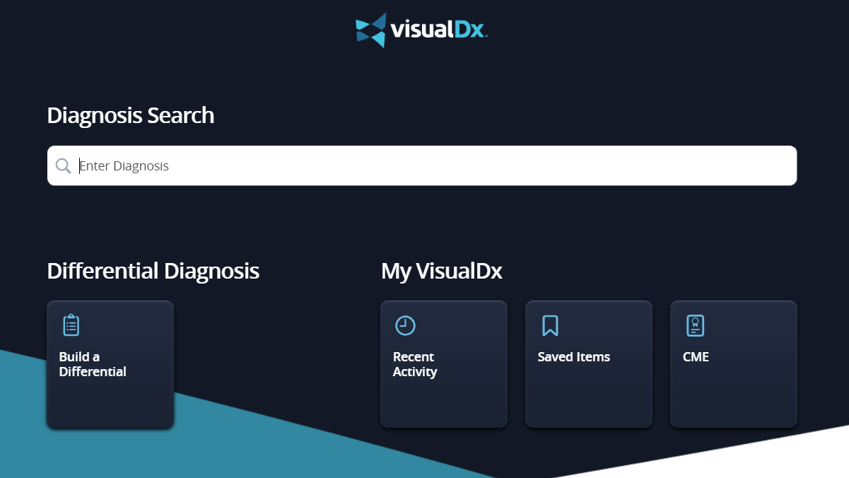 Image of VisualDx homepage featuring a search bar and user options