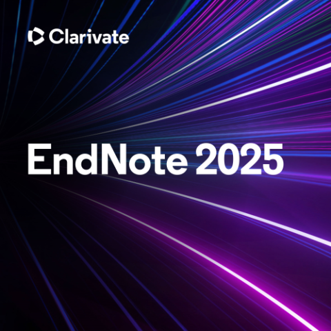 This image shows white text on a black background. The text reads EndNote 2025 Clarivate. There are fluorescent colored lines suggesting motion and light disappearing behind the text.