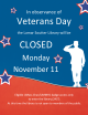 Silhouette of a soldier saluting with stars and text: In observance of Veterans Day the Lamar Soutter Library will be closed Monday, November 11. Eligible UMass Chan/ UMMHC badge access only to enter the library (24/7). At this time the library is not open to members of the public.